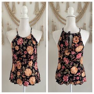 Cinnamon Girl Hawaii black halter tie viscose tank top floral pink peach small